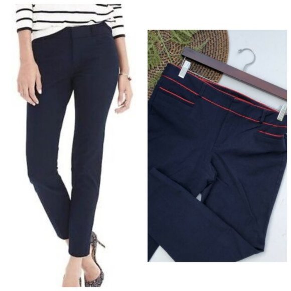 Banana Republic Pants Sloan Silk Trim Slim Ankle Work Career Trousers Navy Red 6 - Picture 1 of 12